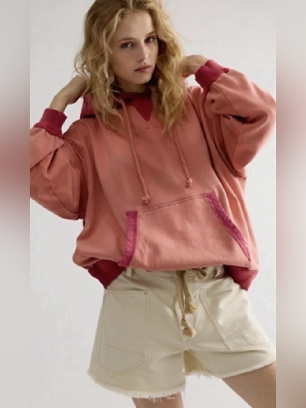 Free People Lou Baked Hoodie We The Free Slouchy Kangaroo Pocket Coral Red